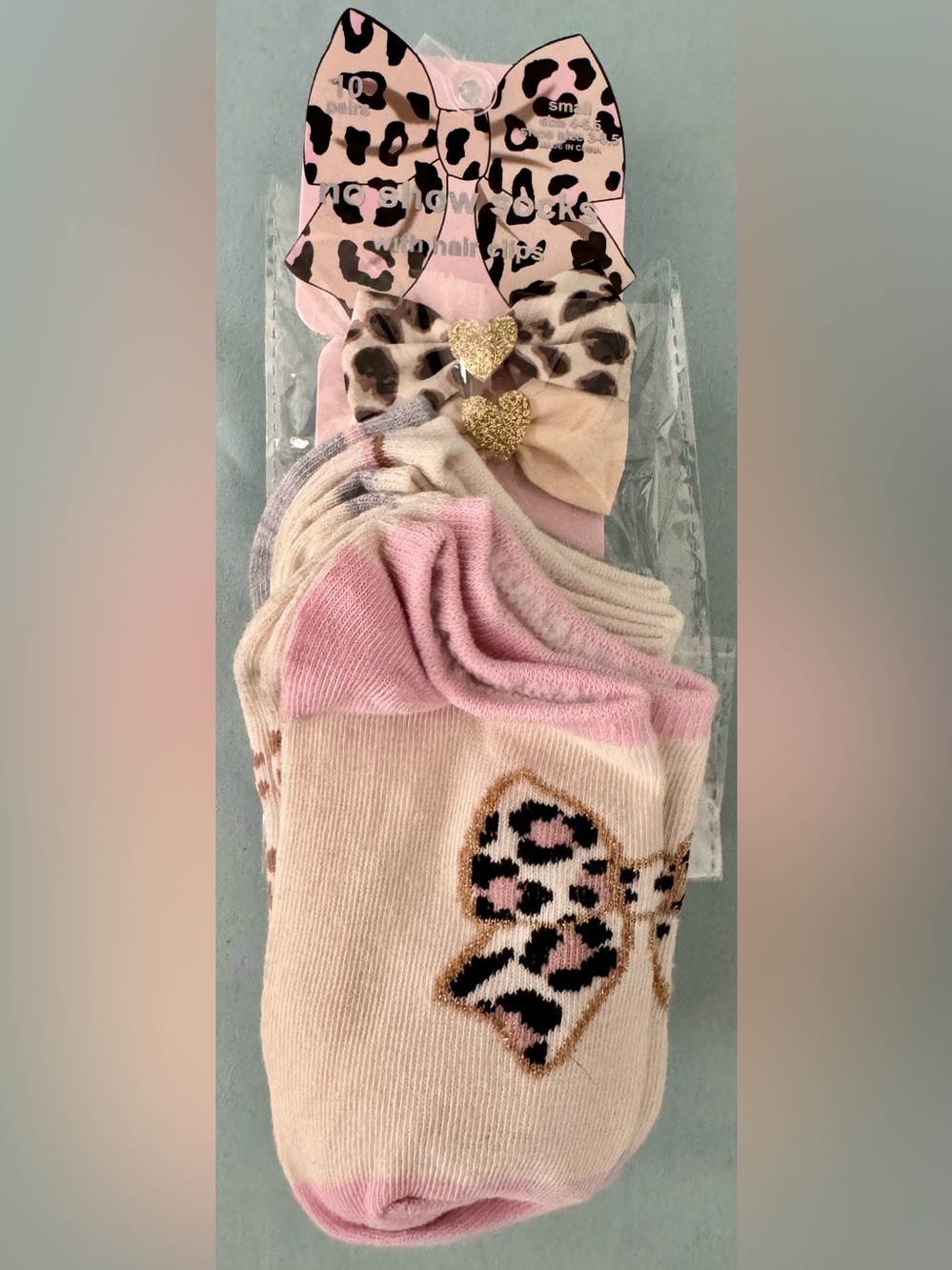 Girls Pink Leopard Bow 10 Pairs Socks and 2 Hair Clips